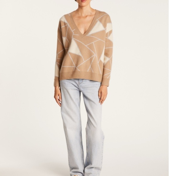 Maison Montagut Cashmere V-Neck Sweater Size S Felixa Geometric Tan Brown - Picture 1 of 15